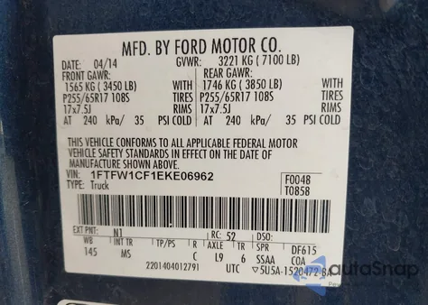 2014 Ford F-150 Xlt from USA, damaged, VIN 1FTFW1CF1EKE06962